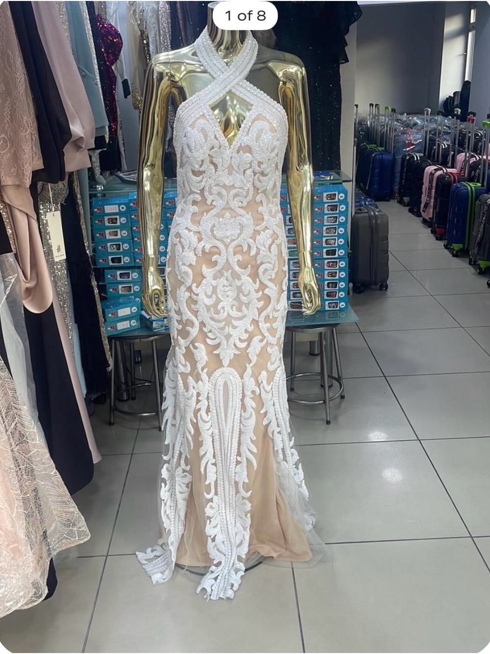 JVN by Jovani White Appliqué Strapless Illusion Gown